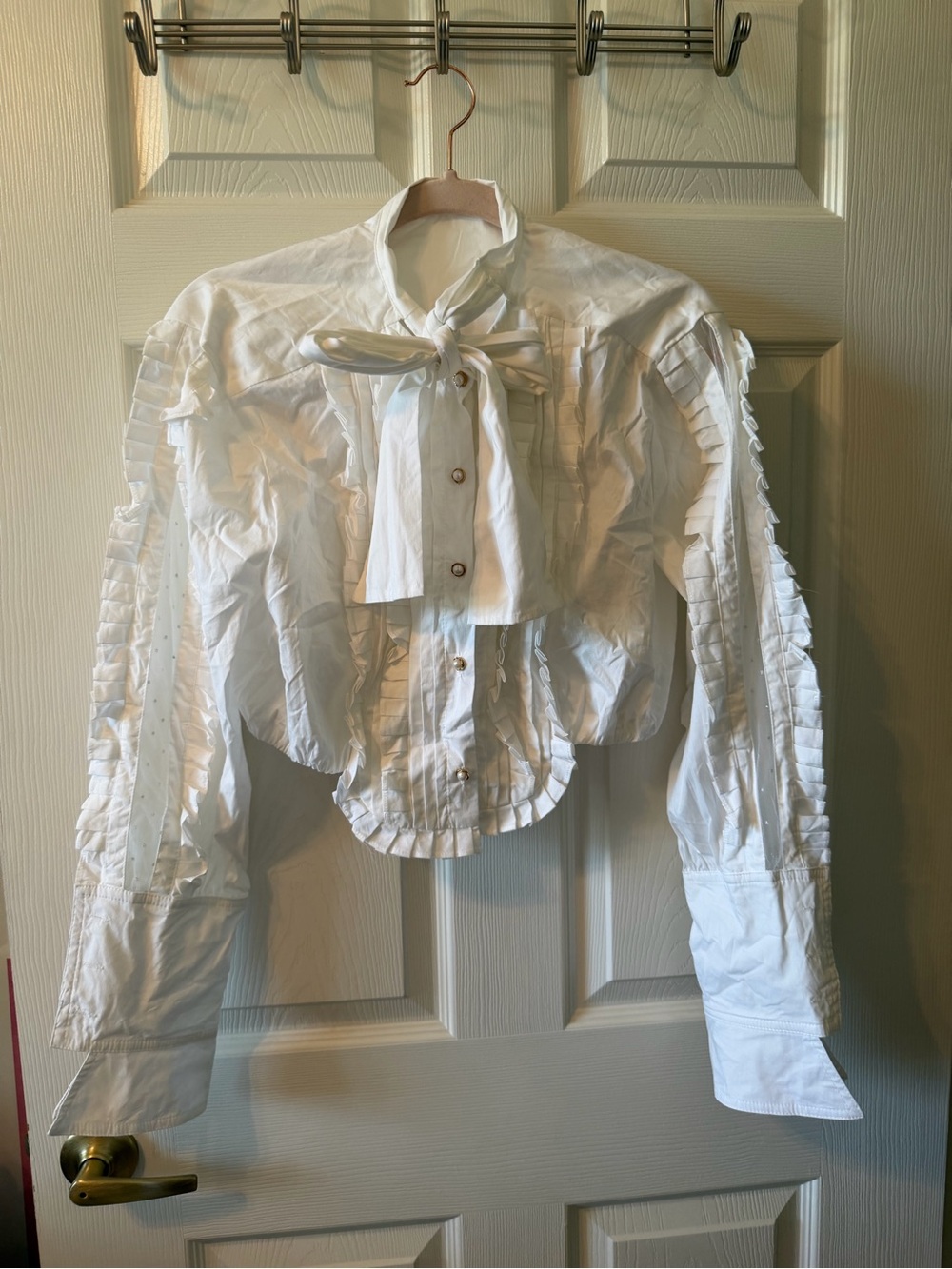 White Ruffled Bow Tie Front Blouse